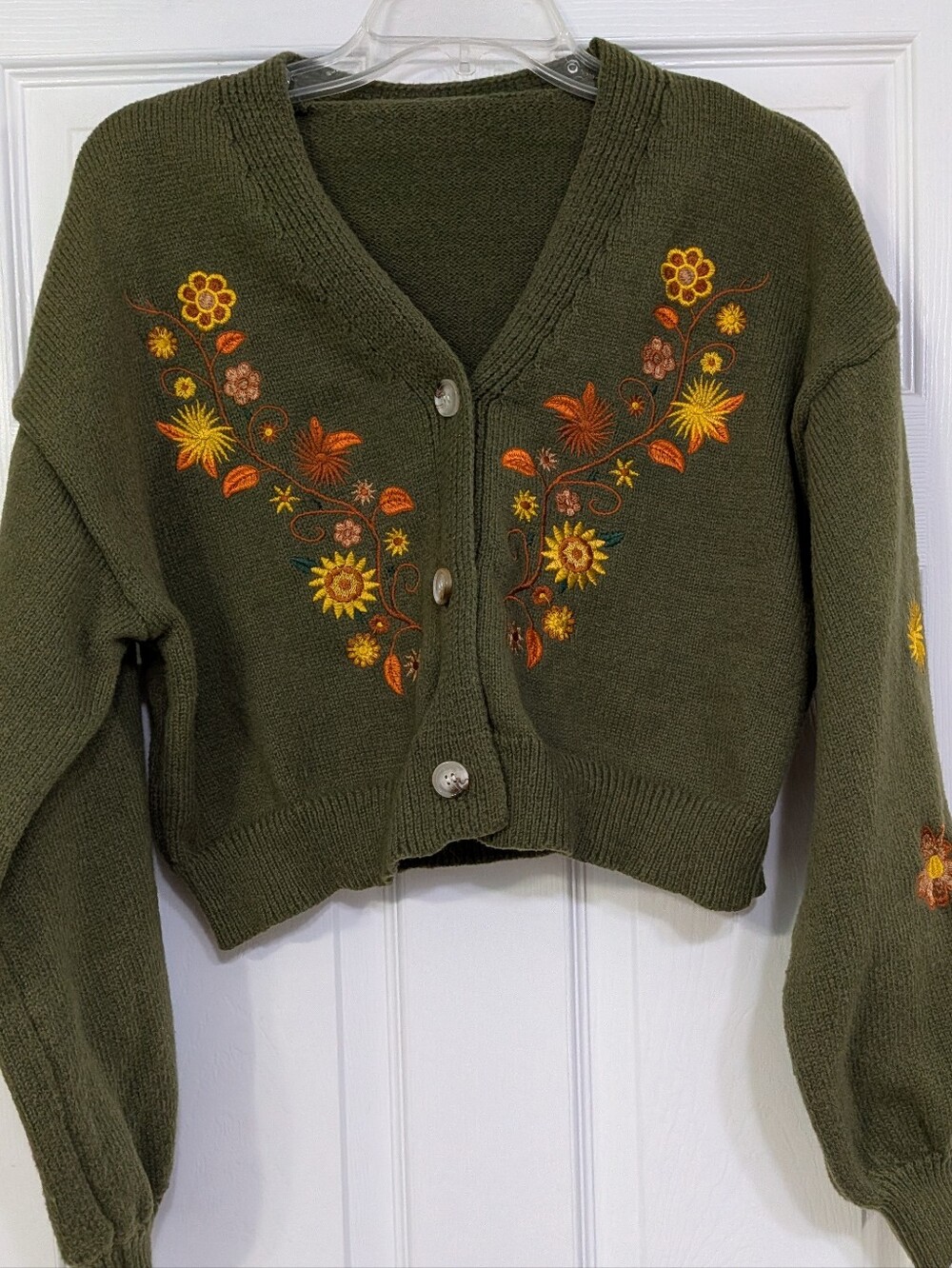 Olive Green Embroidered V-Neck Sweater Cardigan